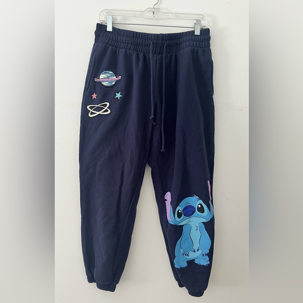 DISNEY brand Kids Navy Blue Joggers with Stitch logos size large